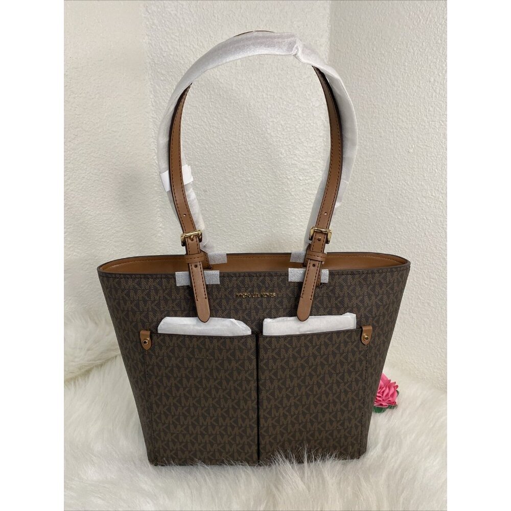 MICHAEL KORS JET SET TRAVEL MD DOUBLE POCKET TOTE SHOULDER BAG MK BROWN MOCHA - Picture 2 of 16